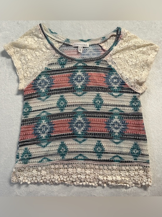 Aeropostale Tops - Y2K AEROPOSTALE women's cream turquoise boho mesh knit top, XS.